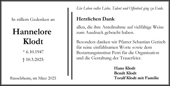Traueranzeige von Hannelore Klodt von Rüsselsheimer Echo
