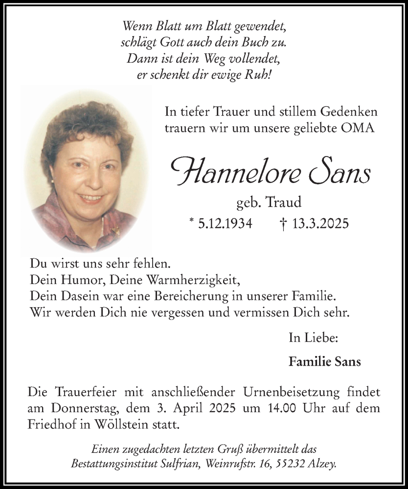  Traueranzeige für Hannelore Sans vom 29.03.2025 aus Allgemeine Zeitung Alzey