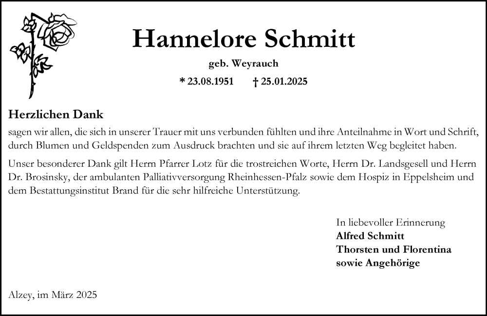 Traueranzeige für Hannelore Schmitt vom 01.03.2025 aus Allgemeine Zeitung Alzey
