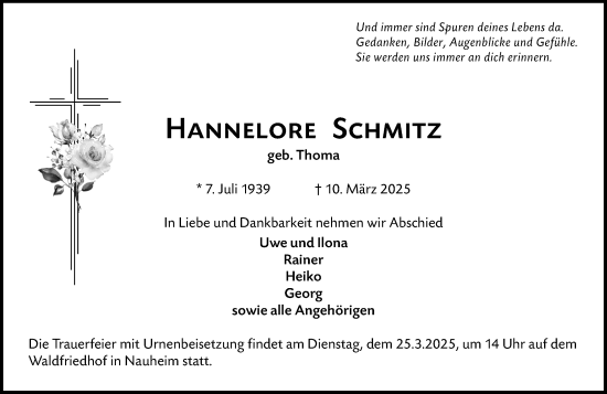 Traueranzeige von Hannelore Schmitz von Rüsselsheimer Echo
