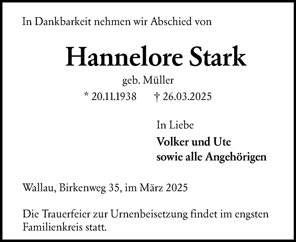  Traueranzeige für Hannelore Stark vom 28.03.2025 aus Hinterländer Anzeiger