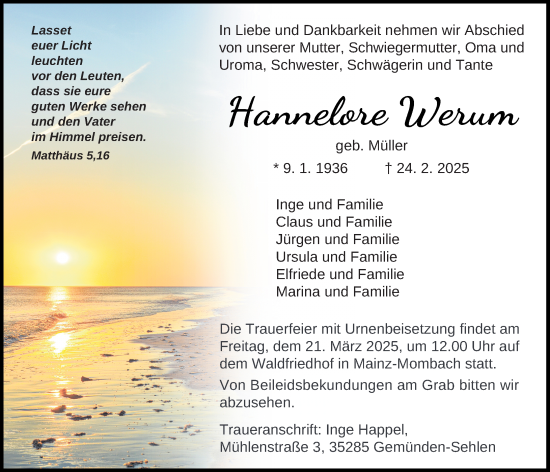 Traueranzeige von Hannelore Werum von Allgemeine Zeitung Mainz
