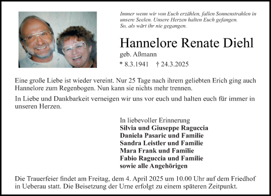 Traueranzeige von Hannelore Renate Diehl von Darmstädter Echo