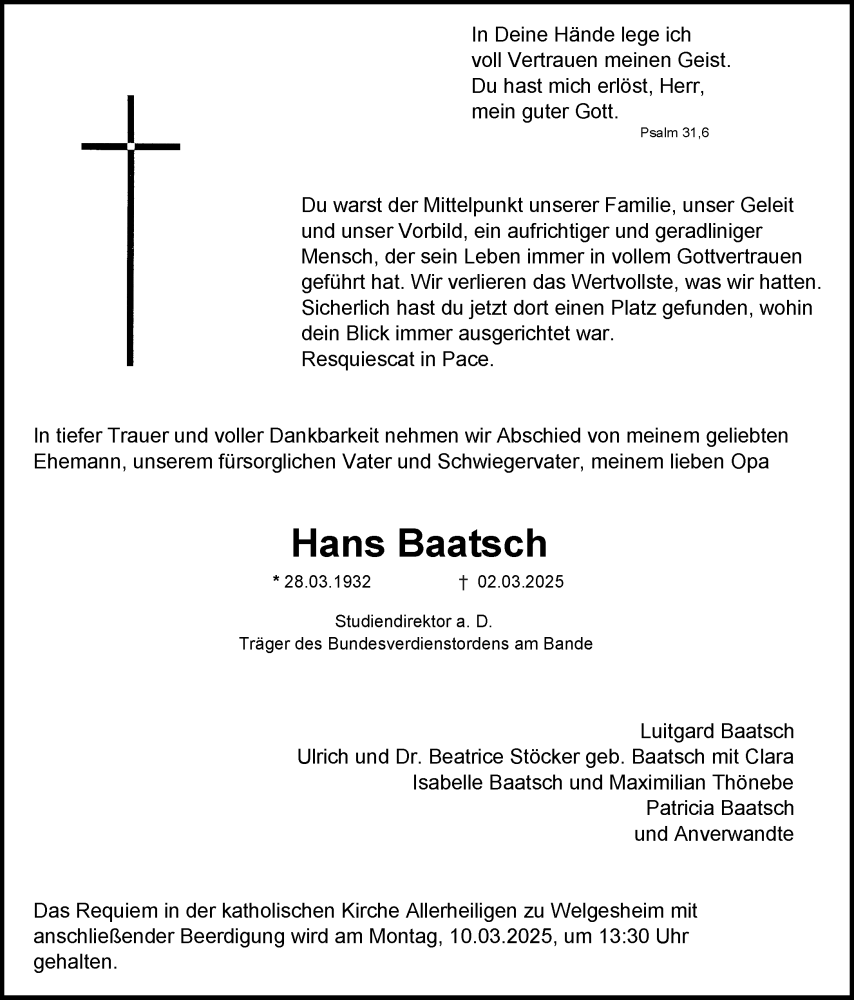  Traueranzeige für Hans Baatsch vom 08.03.2025 aus Allgemeine Zeitung Rheinhessen-Nahe