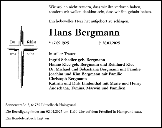 Traueranzeige von Hans Bergmann von Odenwälder Echo