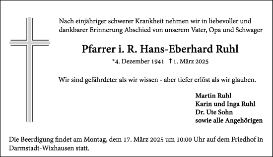 Traueranzeige von Hans-Eberhard Ruhl von Darmstädter Echo