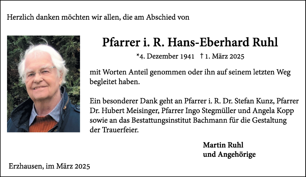  Traueranzeige für Hans-Eberhard Ruhl vom 29.03.2025 aus Darmstädter Echo