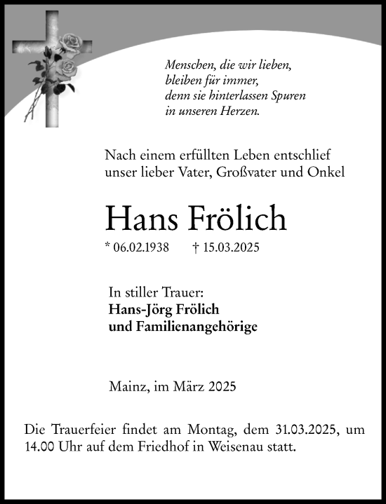 Traueranzeige von Hans Frölich von Allgemeine Zeitung Mainz