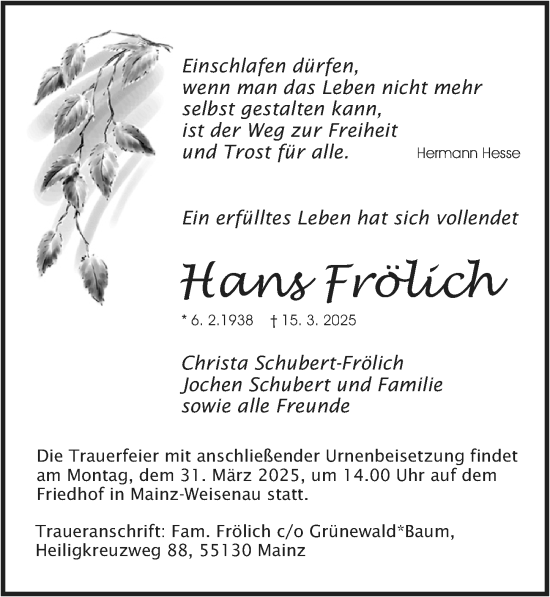 Traueranzeige von Hans Frölich von Allgemeine Zeitung Mainz