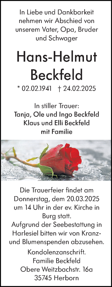 Traueranzeige von Hans-Helmut Beckfeld von Dill Block