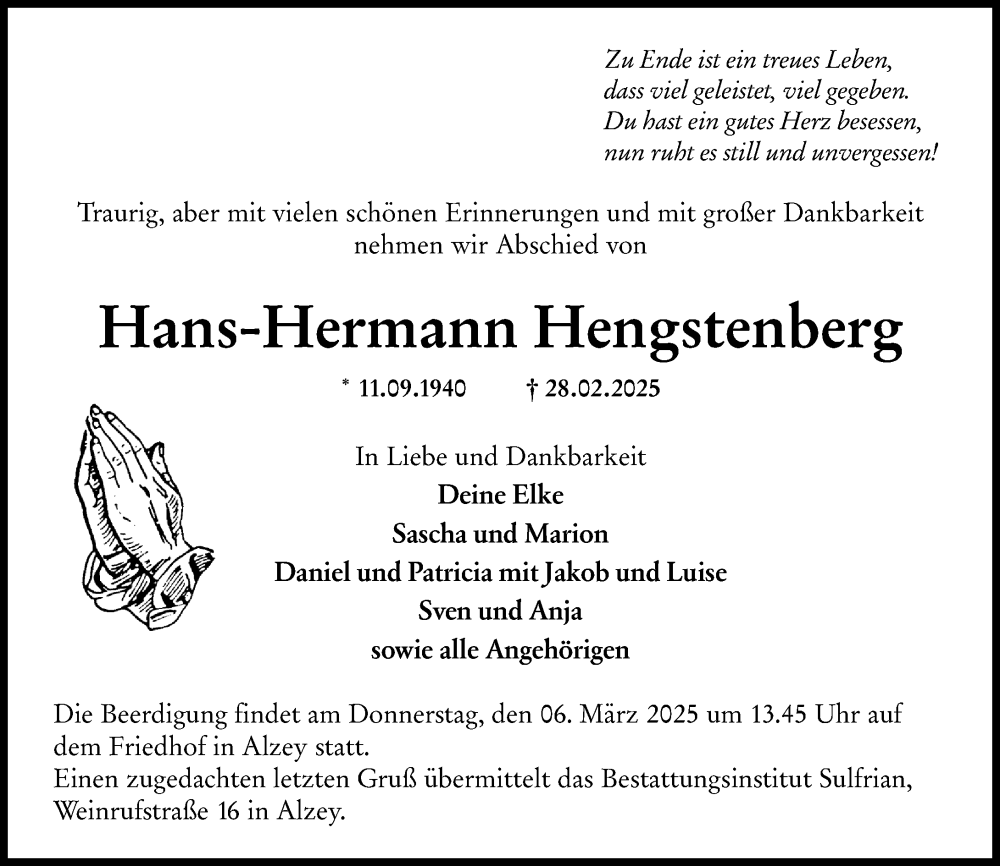  Traueranzeige für Hans-Hermann Hengstenberg vom 05.03.2025 aus Allgemeine Zeitung Alzey