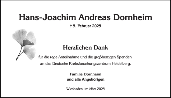 Traueranzeige von Hans-Joachim Dornheim von Wiesbadener Kurier