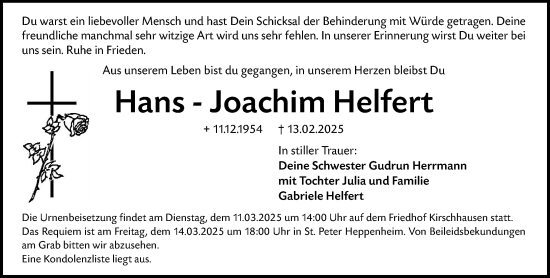 Traueranzeige von Hans-Joachim Helfert von Starkenburger Echo