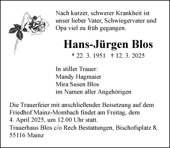 Traueranzeige von Hans-Jürgen Blos von Allgemeine Zeitung Mainz