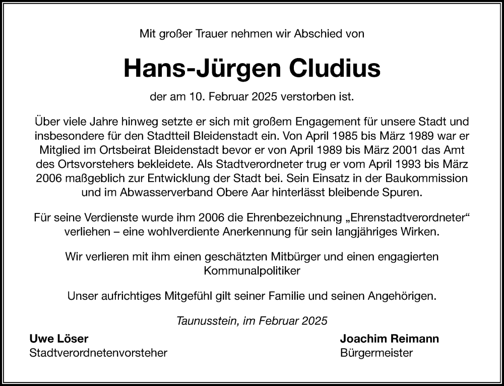  Traueranzeige für Hans-Jürgen Cludius vom 01.03.2025 aus Idsteiner Land/Untertaunus
