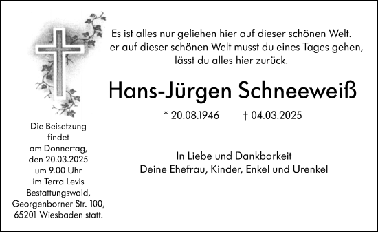 Traueranzeige von Hans-Jürgen Schneeweiß von Wiesbadener Kurier
