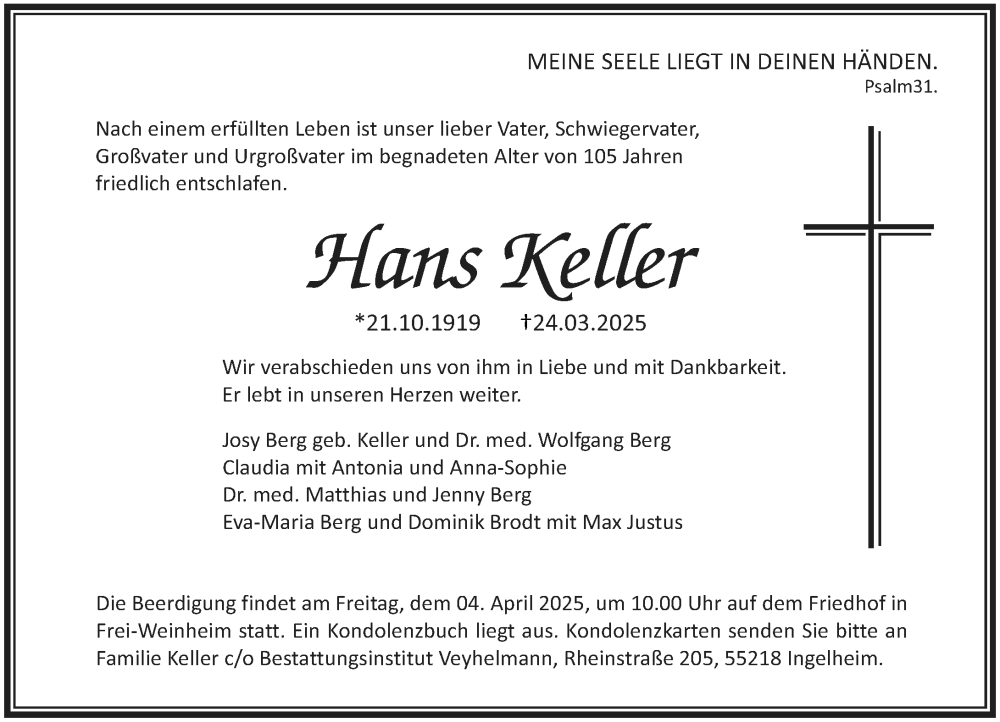  Traueranzeige für Hans Keller vom 29.03.2025 aus Allgemeine Zeitung Rheinhessen-Nahe