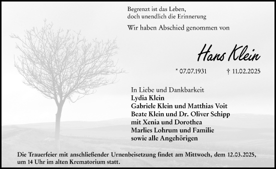Traueranzeige von Hans Klein von Allgemeine Zeitung Mainz