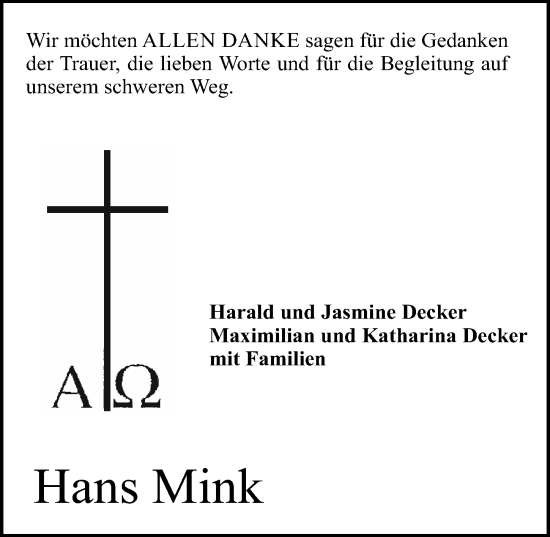 Traueranzeige von Hans Mink von Darmstädter Echo
