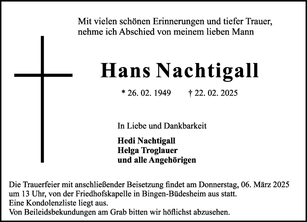  Traueranzeige für Hans Nachtigall vom 01.03.2025 aus Allgemeine Zeitung Rheinhessen-Nahe