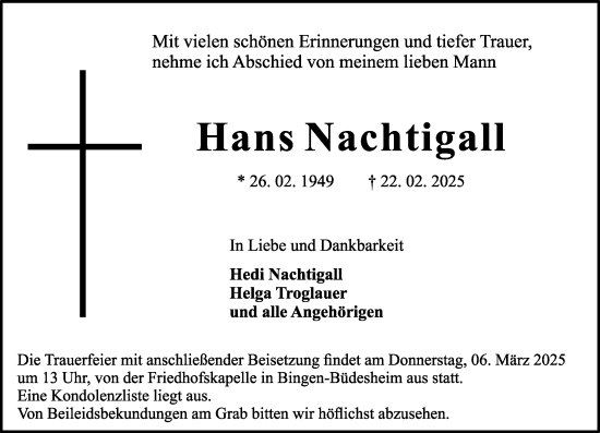 Traueranzeige von Hans Nachtigall von Allgemeine Zeitung Rheinhessen-Nahe