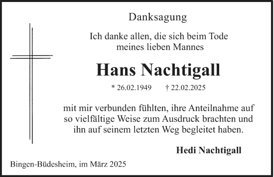 Traueranzeige von Hans Nachtigall von Allgemeine Zeitung Rheinhessen-Nahe