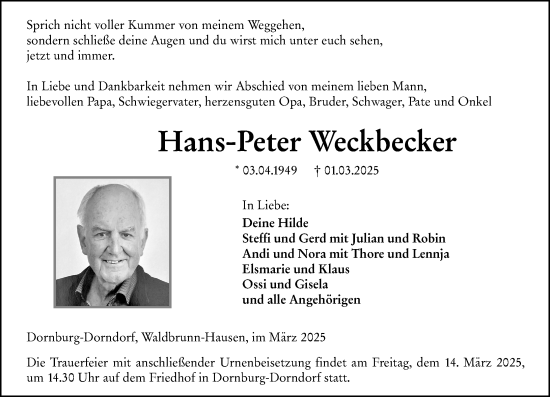 Traueranzeige von Hans-Peter Weckbecker von Nassauische Neue Presse
