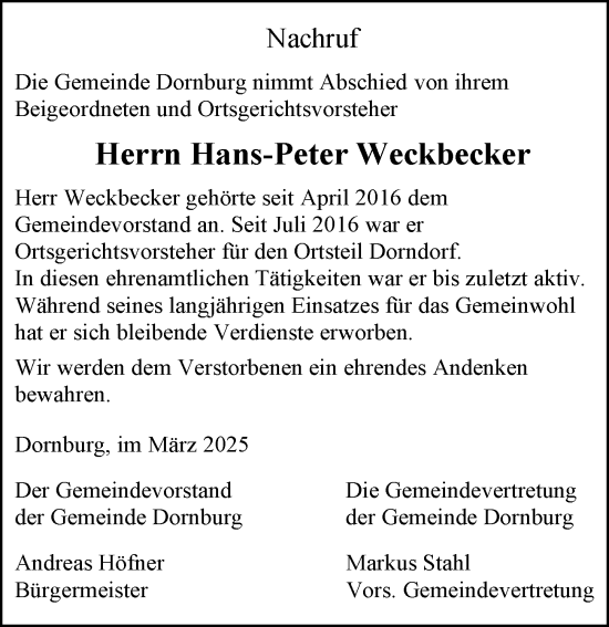 Traueranzeige von Hans-Peter Weckbecker von Nassauische Neue Presse