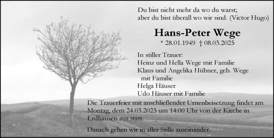 Traueranzeige von Hans-Peter Wege von Hinterländer Anzeiger