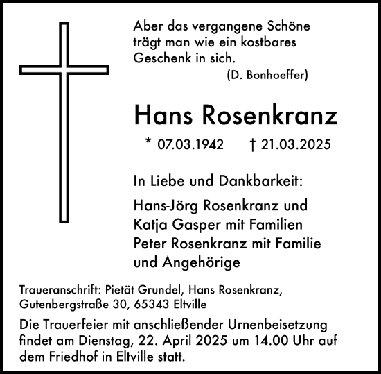 Traueranzeige von Hans Rosenkranz von Wiesbadener Kurier