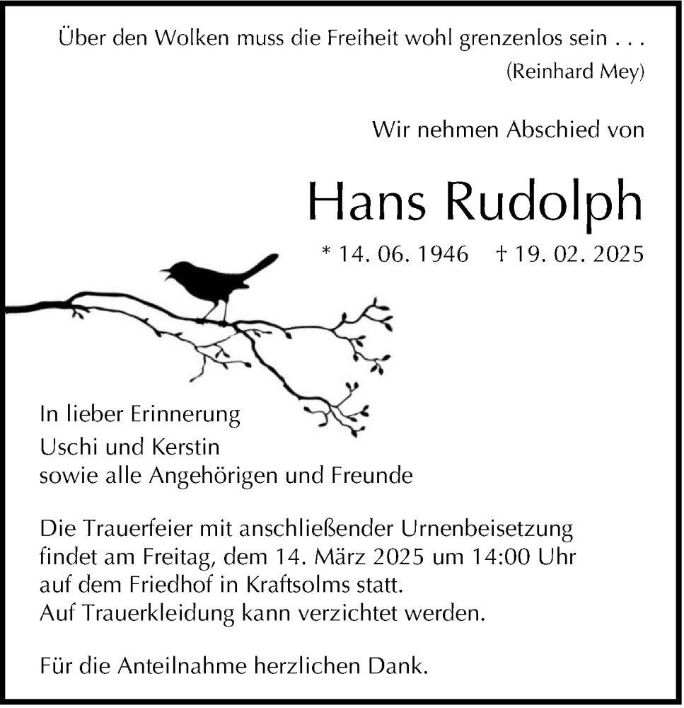  Traueranzeige für Hans Rudolph vom 08.03.2025 aus Wetzlarer Neue Zeitung