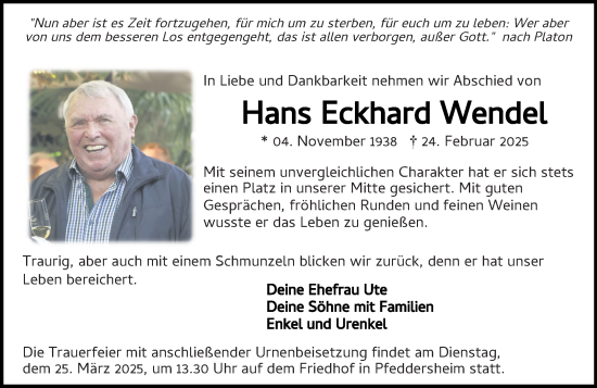 Traueranzeige von Hans Eckhard Wendel von Wormser Zeitung