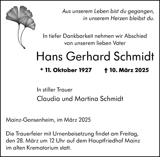 Traueranzeige von Hans Gerhard Schmidt von Allgemeine Zeitung Mainz