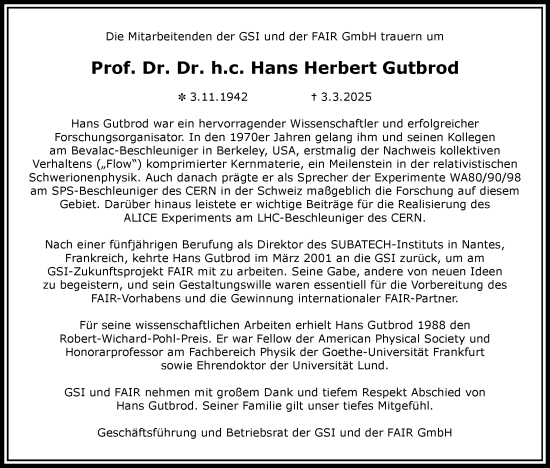 Traueranzeige von Hans Herbert Gutbrod von Darmstädter Echo