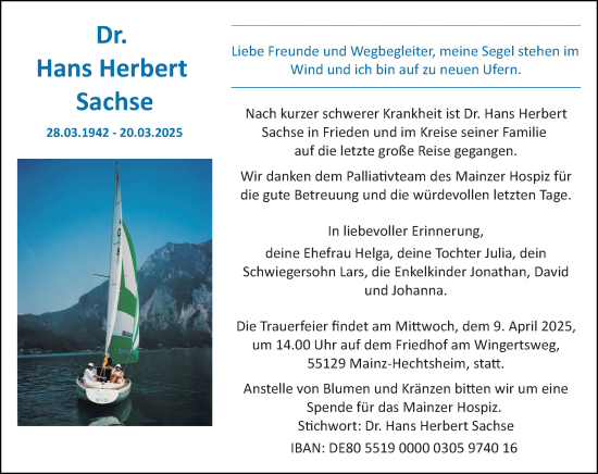 Traueranzeige von Hans Herbert Sachse von Allgemeine Zeitung Mainz