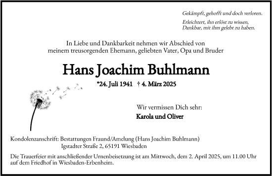 Traueranzeige von Hans Joachim Buhlmann von Wiesbadener Kurier