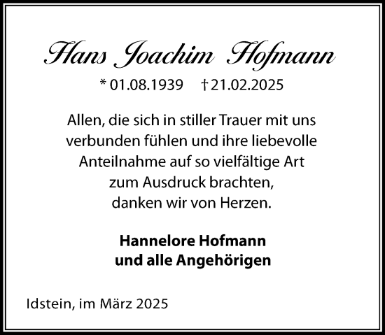 Traueranzeige von Hans Joachim Hofmann von Idsteiner Land/Untertaunus
