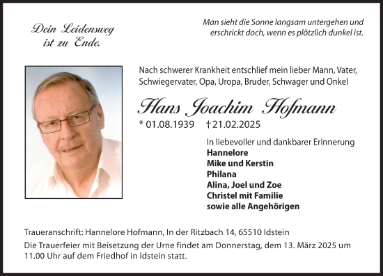 Traueranzeige von Hans Joachim Hofmann von Idsteiner Land/Untertaunus