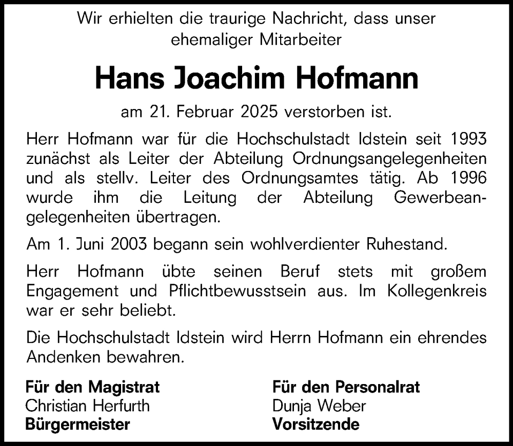  Traueranzeige für Hans Joachim Hofmann vom 06.03.2025 aus Idsteiner Land/Untertaunus