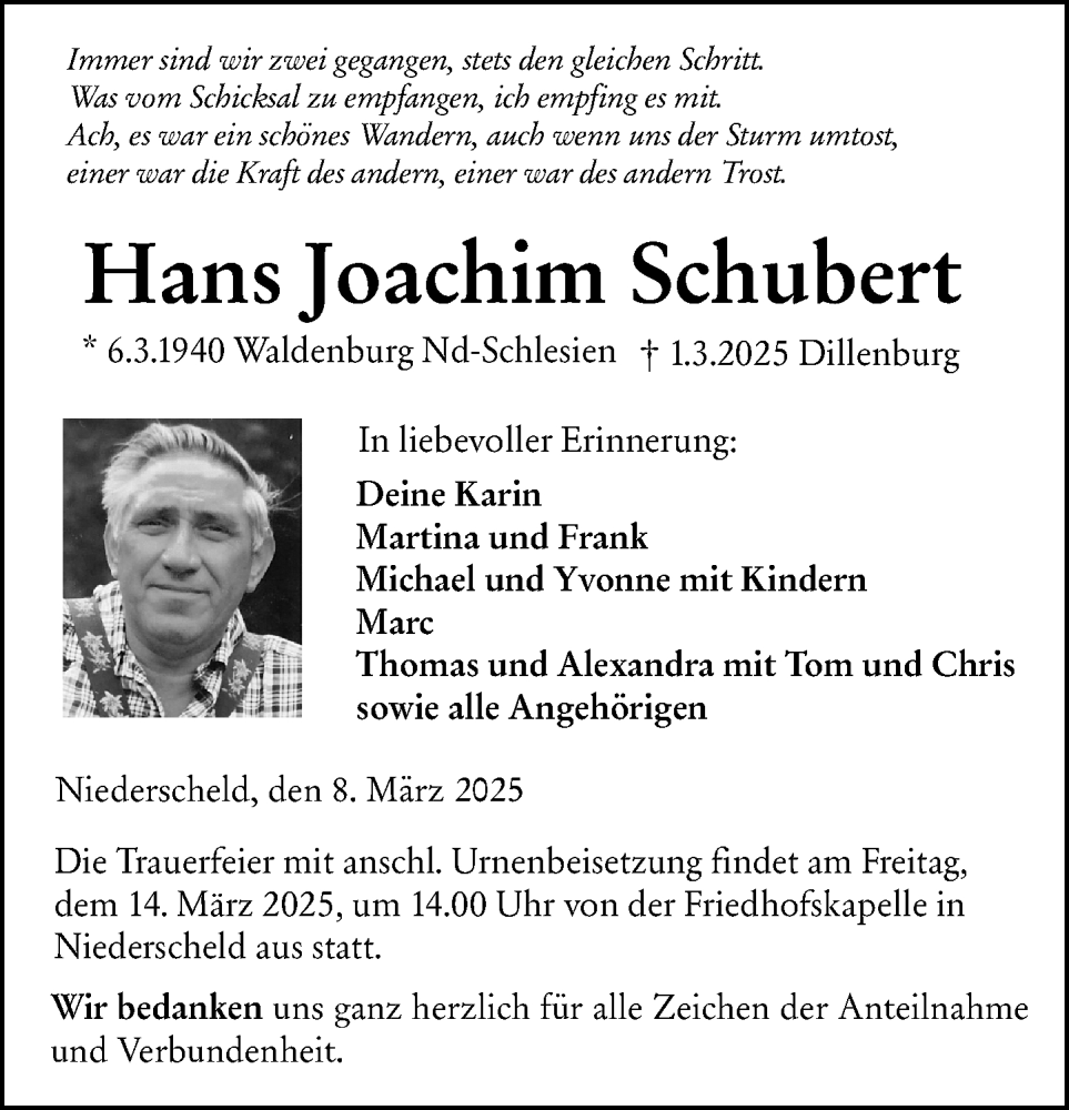  Traueranzeige für Hans Joachim Schubert vom 08.03.2025 aus Dill Block