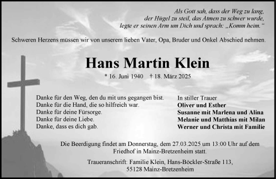 Traueranzeige von Hans Martin Klein von Allgemeine Zeitung Mainz
