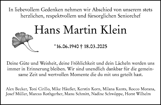 Traueranzeige von Hans Martin Klein von Allgemeine Zeitung Mainz