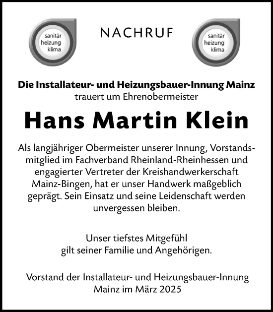 Traueranzeige von Hans Martin Klein von Allgemeine Zeitung Mainz