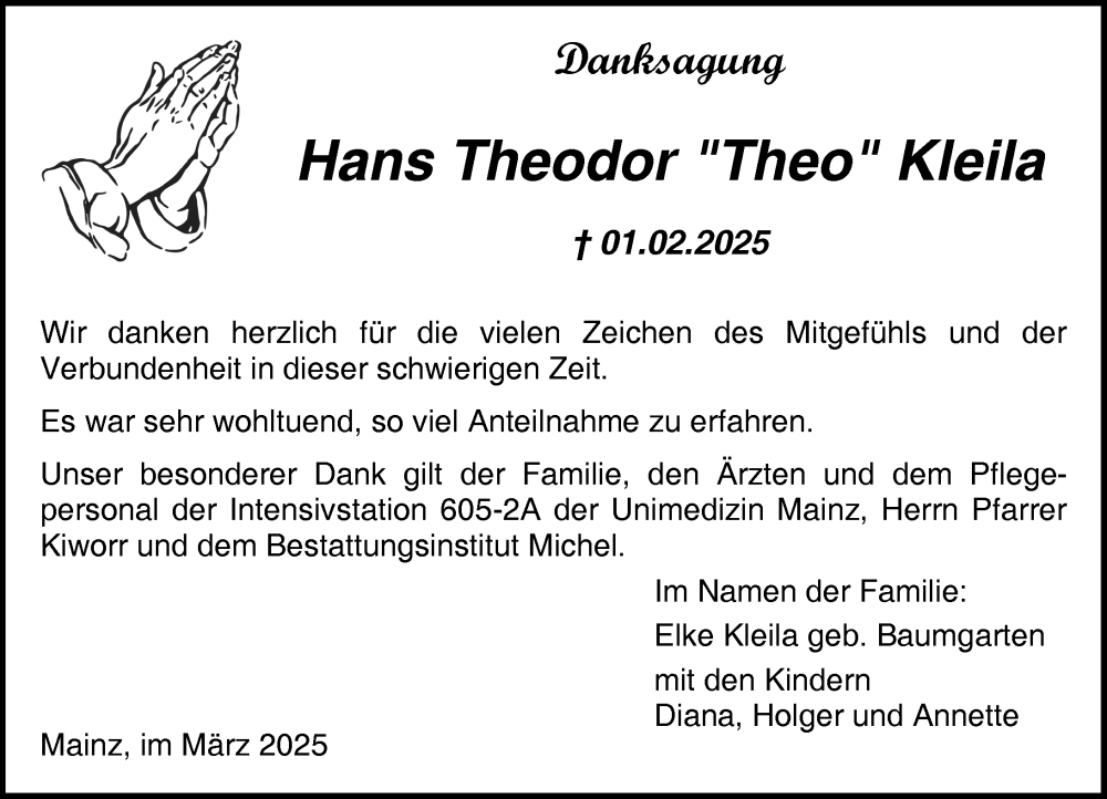  Traueranzeige für Hans Theodor Kleila vom 15.03.2025 aus Allgemeine Zeitung Mainz