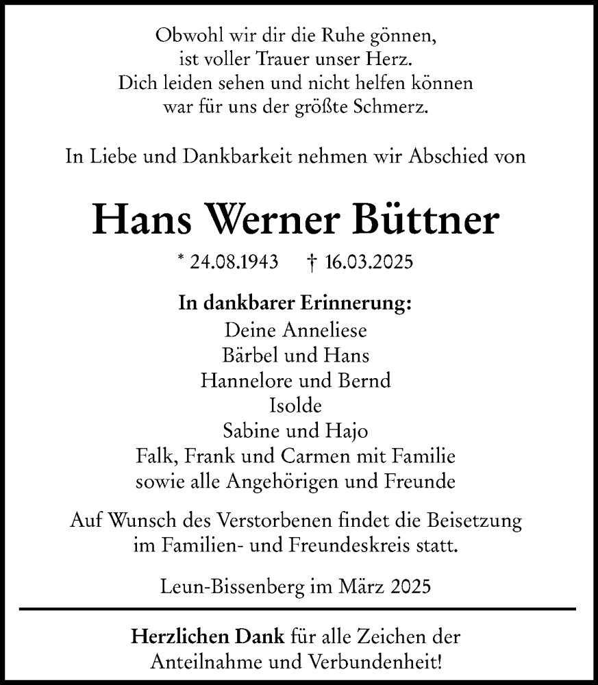  Traueranzeige für Hans Werner Büttner vom 29.03.2025 aus Wetzlarer Neue Zeitung