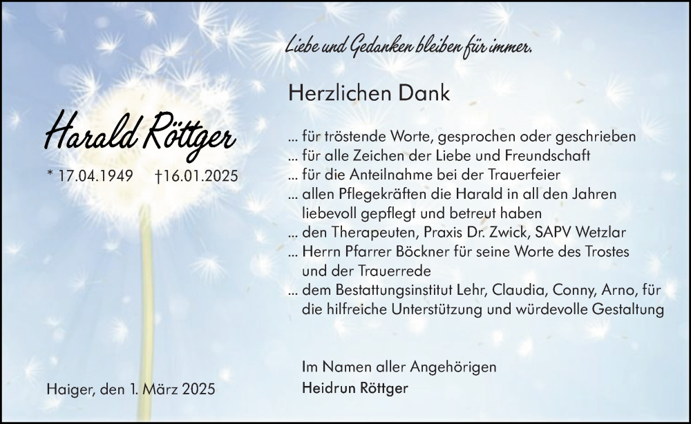  Traueranzeige für Harald Röttger vom 01.03.2025 aus Dill Block