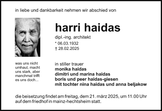 Traueranzeige von Harri Haidas von Allgemeine Zeitung Mainz