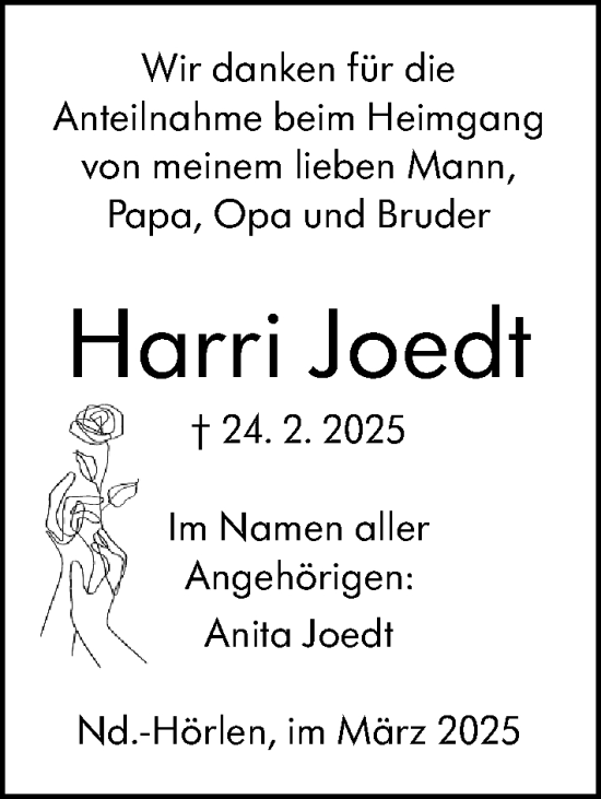 Traueranzeige von Harri Joedt von Hinterländer Anzeiger