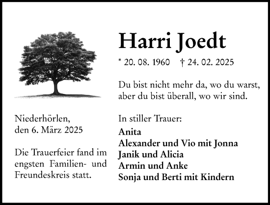 Traueranzeige von Harri Joedt von Hinterländer Anzeiger