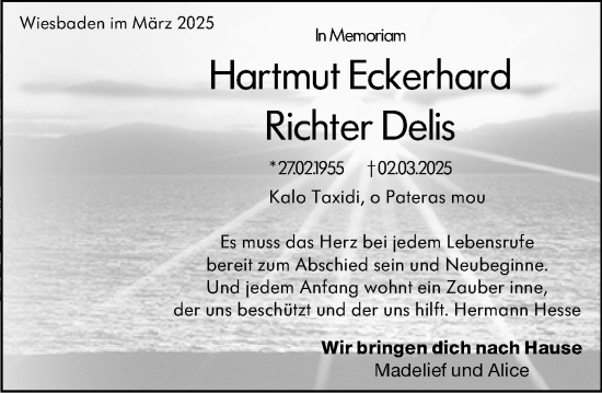 Traueranzeige von Hartmut Eckerhard Richter Delis von Wiesbadener Kurier